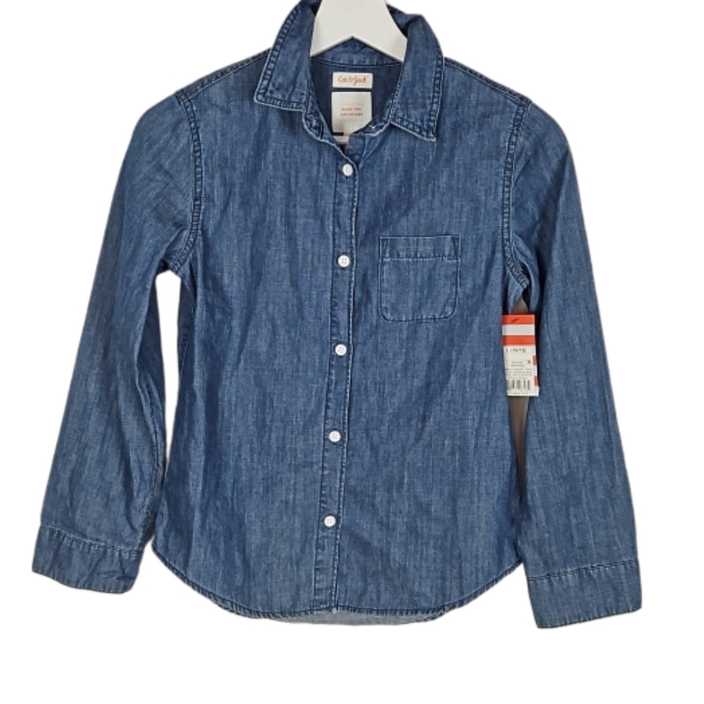 Girl's Kids Denim Chambray Shirt, Longsleeve Button Up Collared Shirt L
